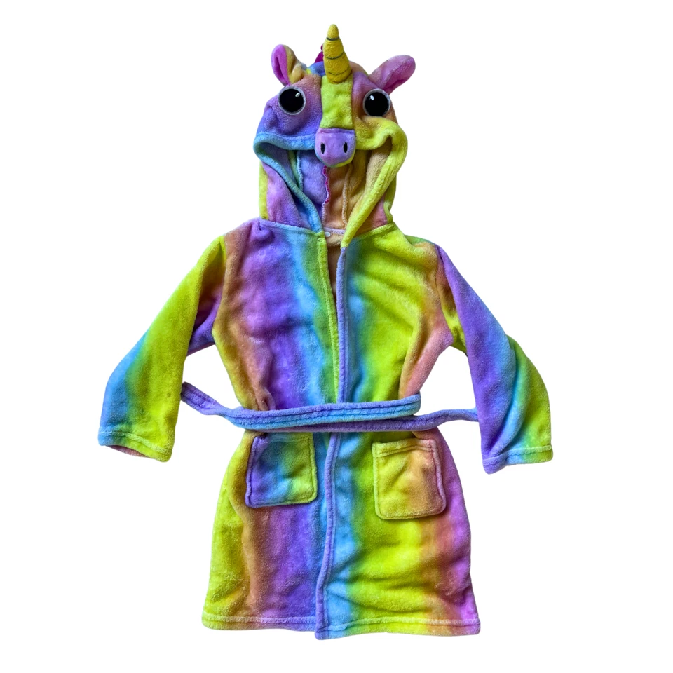 Soft Plush Girls Rainbow Unicorn Bathrobe w/ Unicorn Hood Girls SMALL 5-7 Years - Image 1 of 4