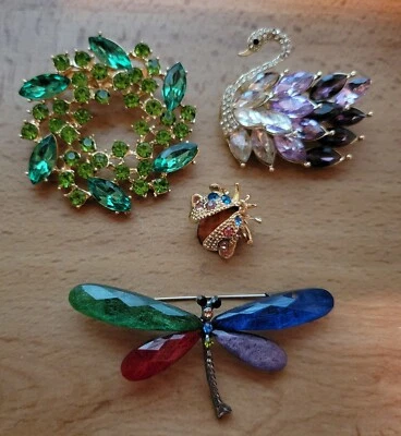 Lote de 4 broches elegantes bonitas damas estrás flor cisne Ladybug joyería E117 Foto 1 de 4