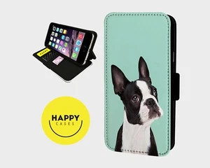 COOL BOSTON TERRIER DOG - Faux Leather Flip Phone Case Cover - iphone/Samsung - Picture 1 of 5