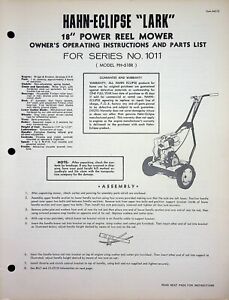 18" Lark Power Reel Mower PH 518R Hahn Eclipse Lawn Operating Manual Parts List
