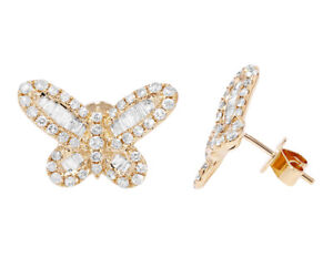 Ladies Butterfly Baguette Real Diamond Earrings 14K Yellow Gold 1 1/2CT