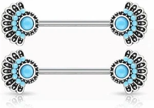 14G Turquoise Tribal Fan Nipple Ring Barbells Surgical Steel Body Piercing Pair - Picture 1 of 2