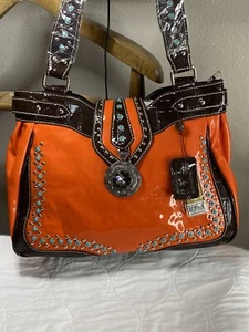 Handbag Purse P & G Collection Engraved Concho Orange With Turquoise Stones Neon - Picture 1 of 17