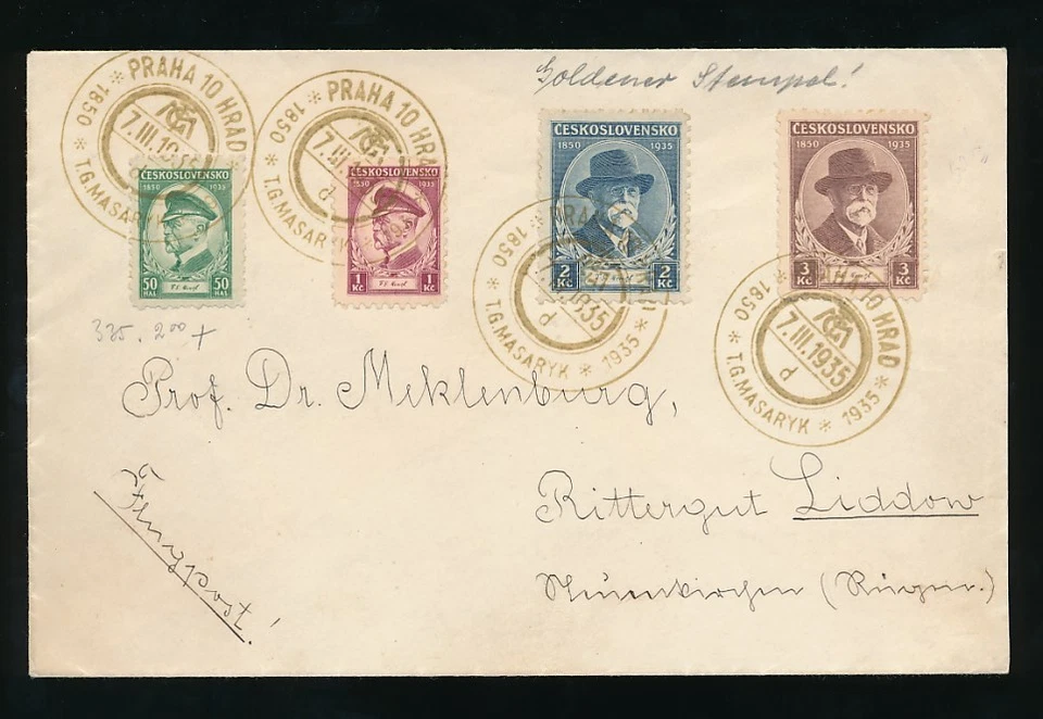 CHECOSLOVAQUIA 1935 MASARYK PRAGA MATASELLOS DE ORO CONMEMORATIVO Foto 1 de 1