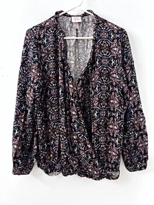 Knox Rose Damen schwarz bunt bedruckt Langarm Wickel Top Freizeit Gr. XL - Bild 1 von 9