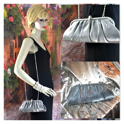 Carlo Fellini Shoulder Clutch Evening Bag Silver Pewter Crystal Clip Silvr Chain - Image 1 of 4