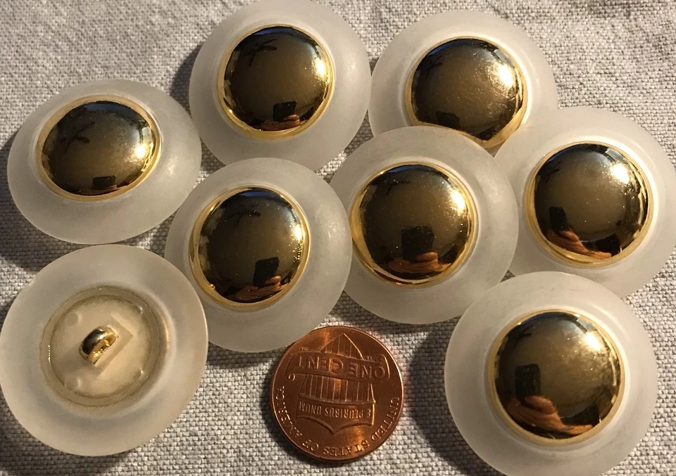 8 Large White & Gold Tone Domed PLASTIC Shank Buttons Almost 1 3/16" 30MM # 2846 - Image 1 of 1
