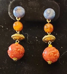 Vintage Clipon Drop / Dangle Earrings - Goldtone w/ Blue & Dark Orange Beads - Picture 1 of 3