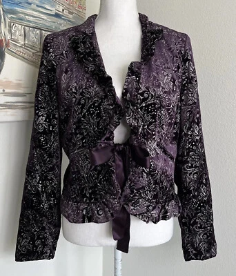 Chaqueta Bob Mackie Studio Púrpura Oscuro Plateada Terciopelo Metálico con Volantes Cinturón Talla 8 Foto 1 de 4