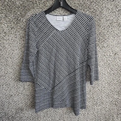 Chicos 周末上衣女式 0 美国小号黑色条纹束腰外衣 3/4 袖休闲 — 第 1/4 张图片