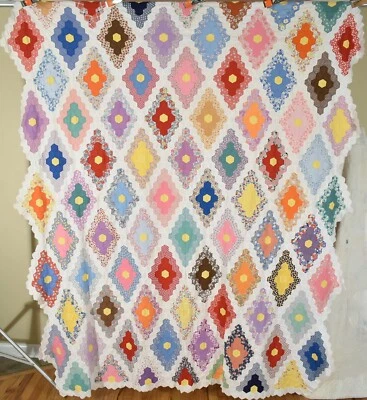 Colorful Vintage 30's Field of Diamond Hexagon Mosaic Antique Quilt Top! - Image 1 of 4