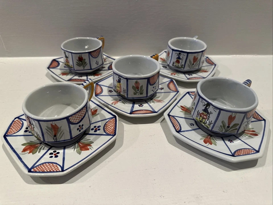 HB Quimper France Hand Painted Demitasse Cups & Saucers Five Cups Five Saucers - Image 1 of 4