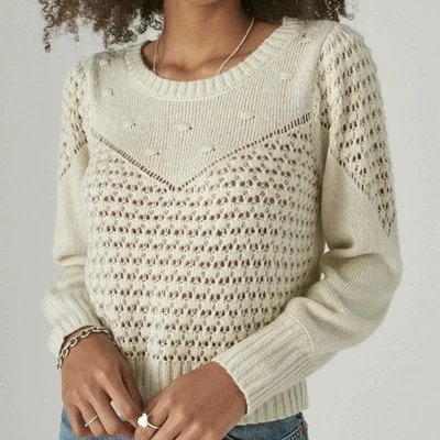 Lucky Brand Textured Dot Crochet Sweater Size S Ivory Bell Sleeves Boho Cozy - Image 1 of 4