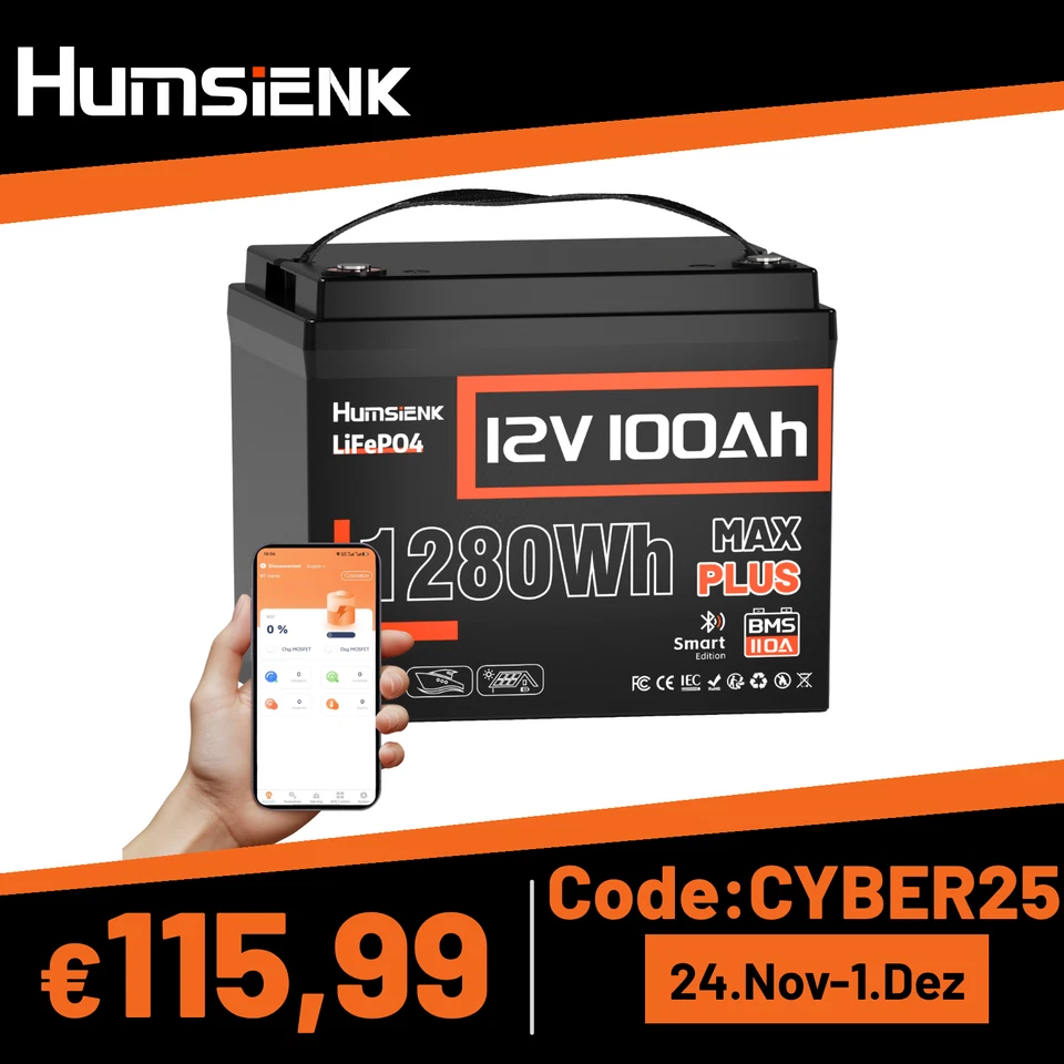 HUMSIENK LiFePO4 12V 100Ah Bluetooth Lithium Batterie 110A BMS 15000+Zyklen Solarbatterie
