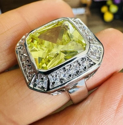 Lemon  W/ White Cubic Zirconia Halo Rhodium Plated Sz 7 Ring Cocktail Statement - Image 1 of 4