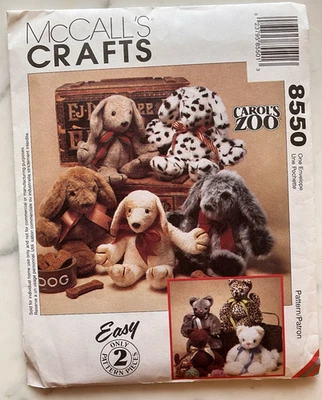 Vtg 90's McCall's 8550 CAROL'S ZOO STUFFED ANIMALS Sewing Pattern CAT & PUPPY - Image 1 of 4