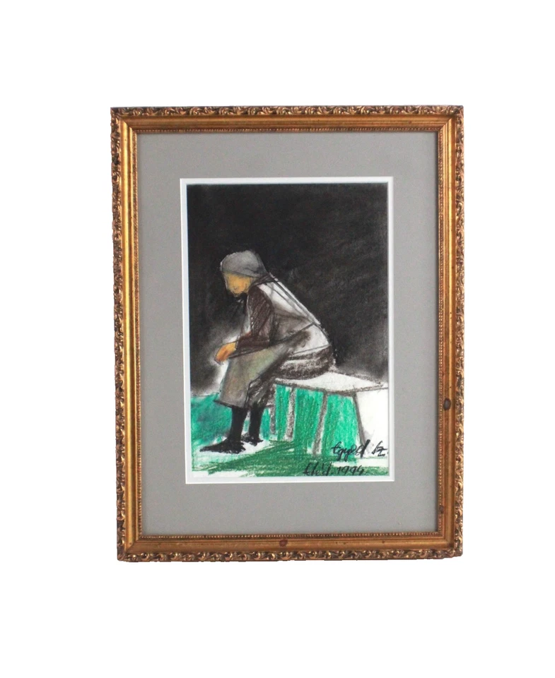 Dibujo de carbón vintage dama sentada en banco firmado ilegible Foto 1 de 4