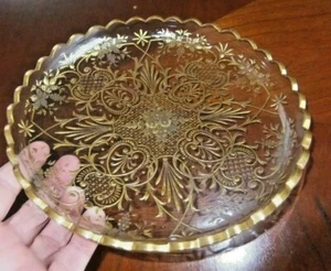 Bohemian Moser 19C Round Dish Scalloped Intaglio Engraved w Gold Hearts Scrolls - Picture 1 of 12