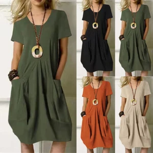 Women's Cotton Linen Summer Dress Ladies Short Sleeve Pockets Sundress Plus Size - Picture 1 of 19