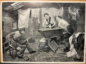 Antique Illustration 1893 Soldier Laundry Women Painting Flirting Woodcut