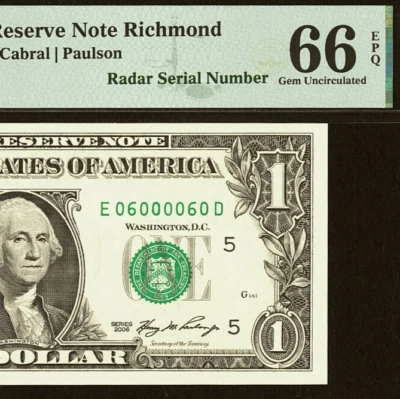 2006 $1 FRN PMG 66EPQ - Gem Uncirculated Richmond Radar Serial 06000060 Rare! - Image 1 of 3