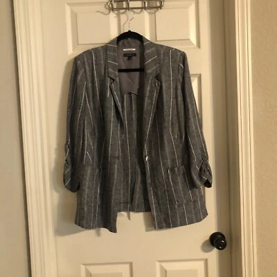Blazer Lane Bryant gris blanco a rayas mezcla de lino ceñido manga 3/4 talla 18 Foto 1 de 4