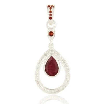 Garnet & Ruby Corundum Gemstone Genuine Sterling Silver Pendant With White Topaz - Image 1 of 4