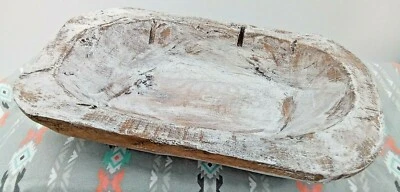 Wood Treen Dough Bowl Tray Dish Whitewashed Carved Rustic Distressed 9.25" New - Image 1 of 4