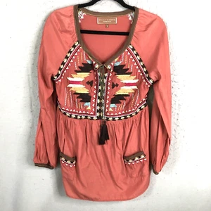 Double D Ranch Top Women Small Brown Aztec Embroidery Western Boho Ranch Rodeo - Picture 1 of 17