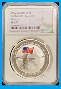 2002 Australia Kookaburra COLORIZED FLAG 1 Oz .999 Silver NGC MS 70 RARE POP 6 - Picture 1 of 4
