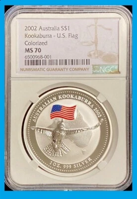2002 Australia Kookaburra COLORIZED FLAG 1 Oz .999 Silver NGC MS 70 RARE POP 6 - Image 1 of 4