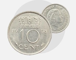 1958 Netherlands 10 Cent Queen Juliana Koningin Der Nederlanden KM 182 - Picture 1 of 8