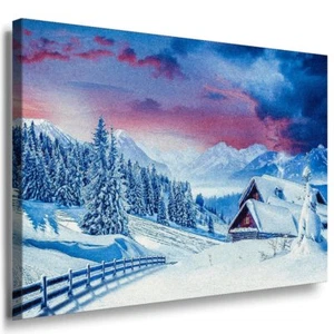 Wald Dorf Winter Leinwandbild AK Art Bilder Mehrfarbig Kunstdruck XXL Wandbild - Bild 1 von 1