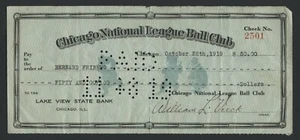 1919 BERNIE FRIBERG Signed Chicago Cubs Baseball Payroll Check - Picture 1 of 2