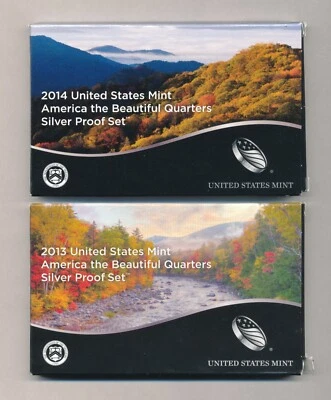 2013, 2014 America the Beautiful Silver Proof Quarter Sets in Box with COA    m - Image 1 of 4