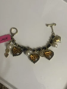 Betsey Johnson Multi Charm Leopard Hearts Pearls Black Cord Gold Chain Bracelet - Picture 1 of 8