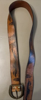 Vintage Leather Belt With Brass Buckle~Embossed Ships~ - Image 1 of 4