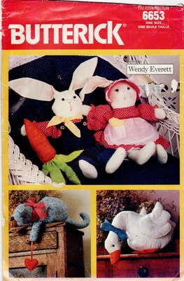BUTTERICK 6653 - VTG 1988, SOFT TOYS,  CAT, RABBIT, SWAN SEWING PATTERN *UNCUT* - Image 1 of 4