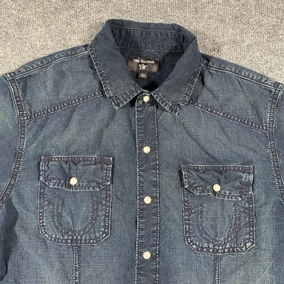 True Religion Utility Denim Pearl Snap Short Sleeve Shirt Mens Medium Faded Blue - Image 1 of 4