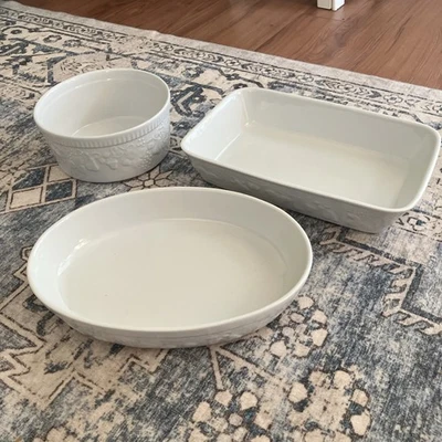 Crate And Barrel Vintage White Embossed Overware Set Of 3 Casserole Dishes - Image 1 of 4