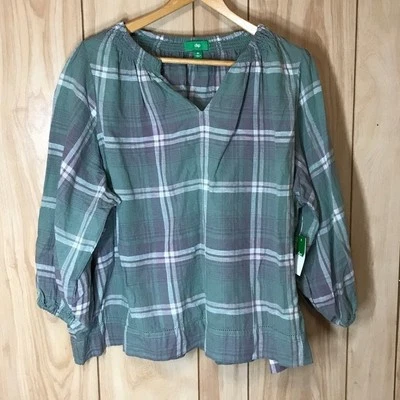 Nuevo con etiquetas Top Dip Mezcla de Lino Colección Verde Cuadros Cuello en V Manga 3/4 3X Foto 1 de 4