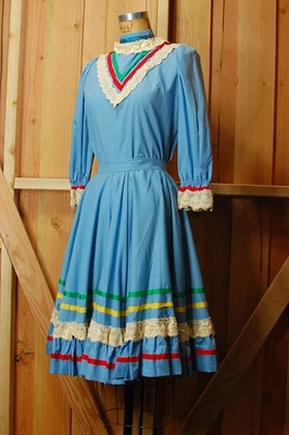 Conjunto de Vestido Falda Círculo Folklórico Folclórico Baile Cuadrado Azul Años 60 De Colección XS S Foto 1 de 4