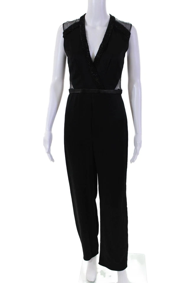 Pamella Roland  Women's V-Neck Sleeveless Beaded Straight Jumpsuit Black Size 4 - Image 1 of 4