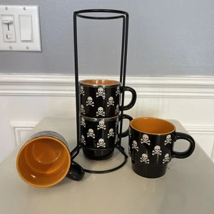 Ceramic Stacking Skull and Crossed Bones Espresso Mug Set with Metal Rack - Picture 1 of 12