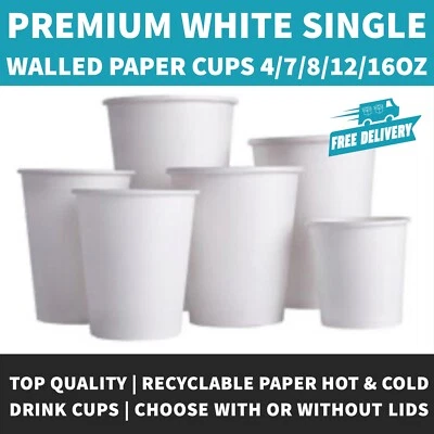 4oz/7oz/8oz/12oz/16oz White Paper Coffee Cup Disposable With or Without Sip Lids - Image 1 of 4