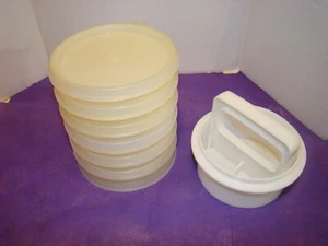 Tupperware Hamburger Burger Keepers 4 1/2" Vintage w/masher, set of 6 with Seals - Picture 1 of 2