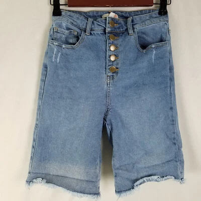 GB Pantalones Cortos Denim Juniors 5 Azul Jean tiro alto botón mosca desgastado deshilachado Foto 1 de 4