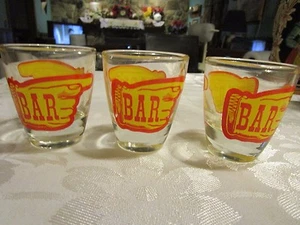 Lot of 3 shot glasses yellow and red hand BAR logo 2.25" tall - LUD - Picture 1 of 5