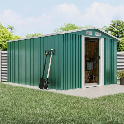 Backyard Storage Shed 10 x 8ft Tool House &Free Base Apex Roof Garden Shed Green - Image 1 of 4