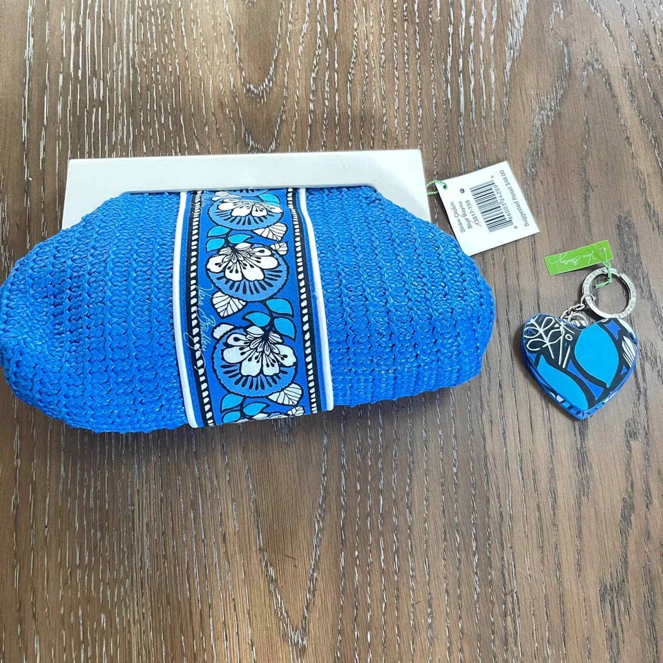 Vera Bradley Straw Clutch Handbag Summer Purse Blue Bayou